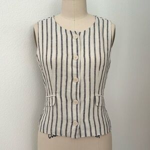 J Crew Striped Linen Vest NWT Cream & Black Crew Neck Button Front Tie-Back 10